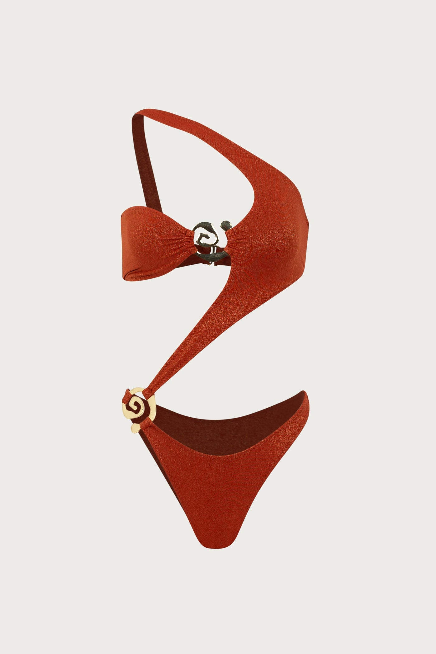 Maillot Une Pièce Spiral Asymétrique – Rust Shimmer Brillant, Bretelle Unique & Coupe Sculptante Élégante